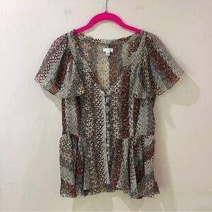 odille anthropologie Womens Size 2 Silk Printed Flutter Sleeve Top Blouse Multi